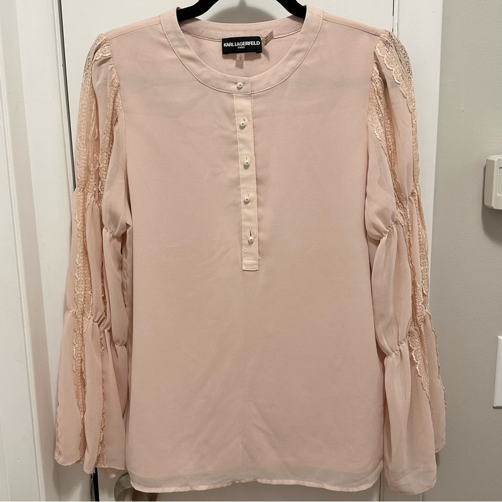 Karl Lagerfeld Paris Blouse Womans S Peach Pearl Lace Puff Sleeve Henley shirt